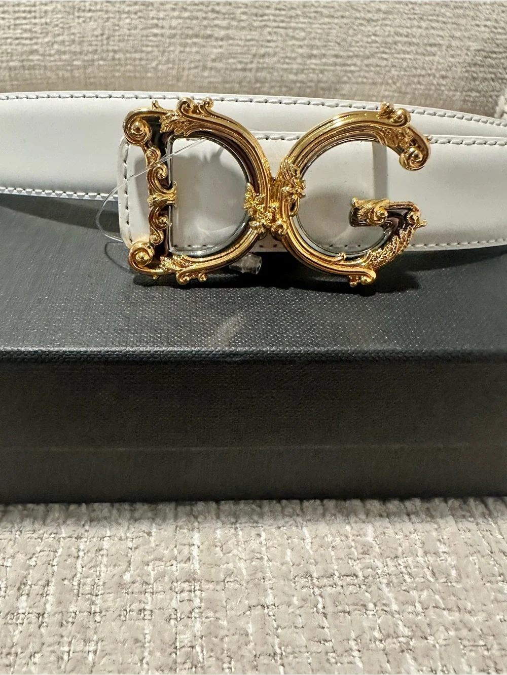 Dolce & Gabbana White Leather Belt with Ornate Gold DG Buckle